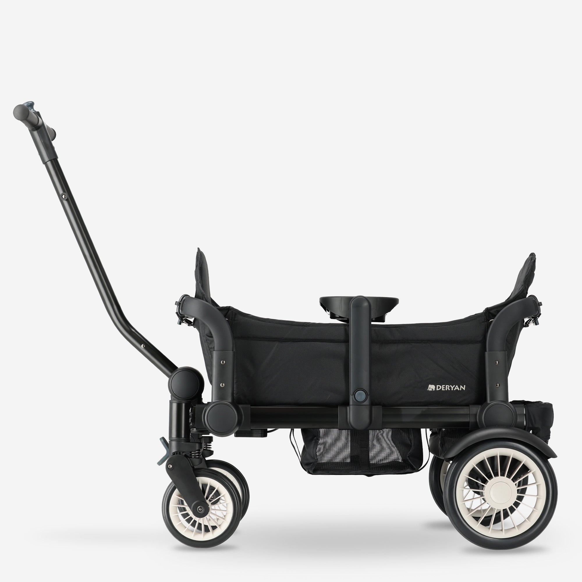 The DERYAN wagon in black is a foldable cart that can be used to transport children and belongings. The model has a sturdy frame, four wheels, and a foldable design. The wagon is suitable for use during outings and outdoors.