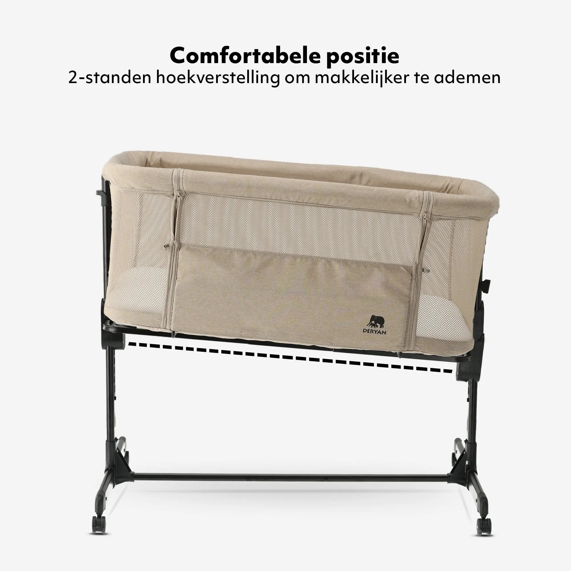 De DERYAN Snoozy co sleeper in de kleur crème is een wieg die naast het bed kan worden geplaatst voor gebruik bij jonge baby’s. Het model heeft een verstelbare hoogte, een open zijkant en een stabiel frame. De co sleeper is bedoeld voor gebruik tijdens de eerste maanden na de geboorte.