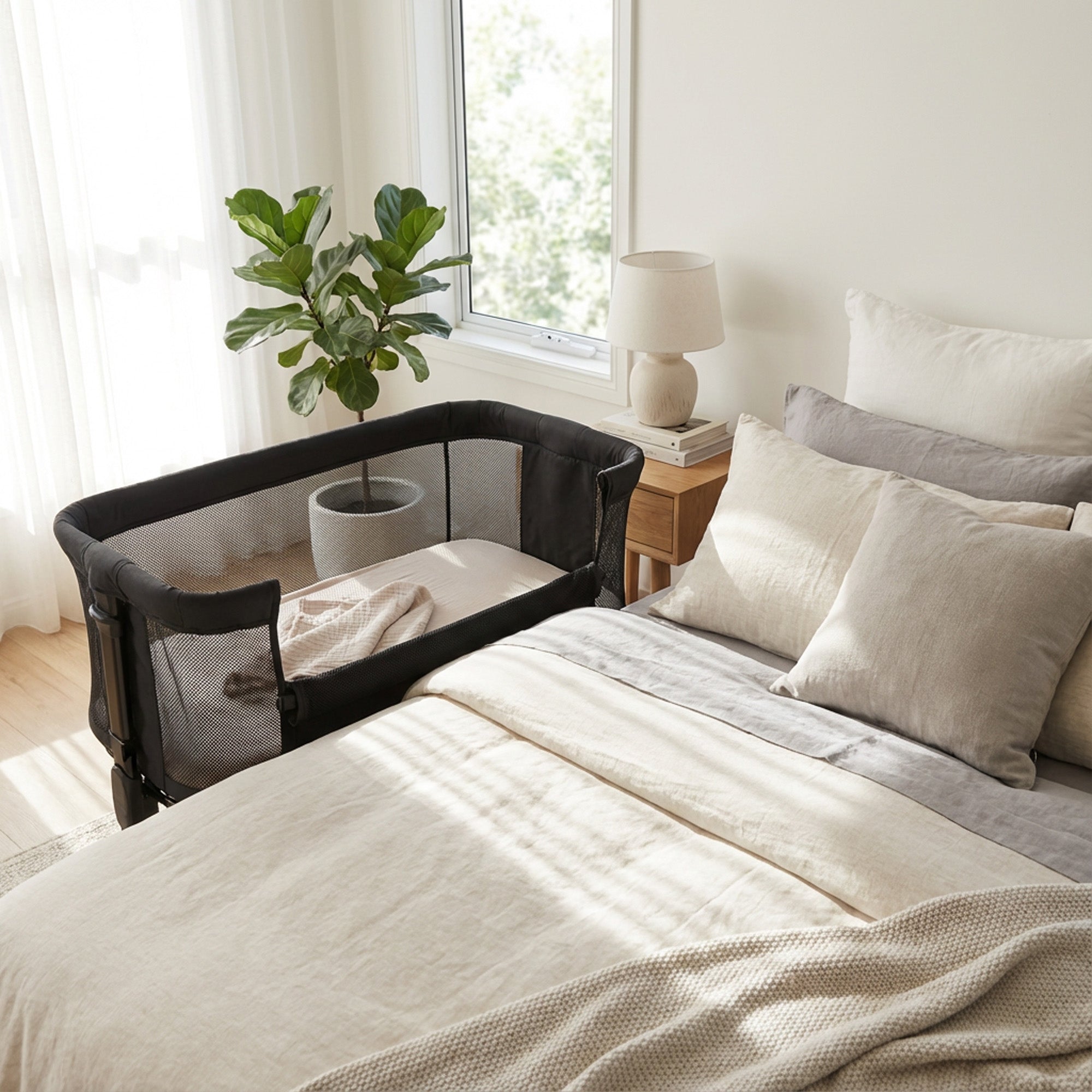 The DERYAN co-sleeper in black is a crib that can be placed next to the bed for use with young babies. The model has an adjustable height, an open side, and a stable frame. The co-sleeper is intended for use during the first months after birth.