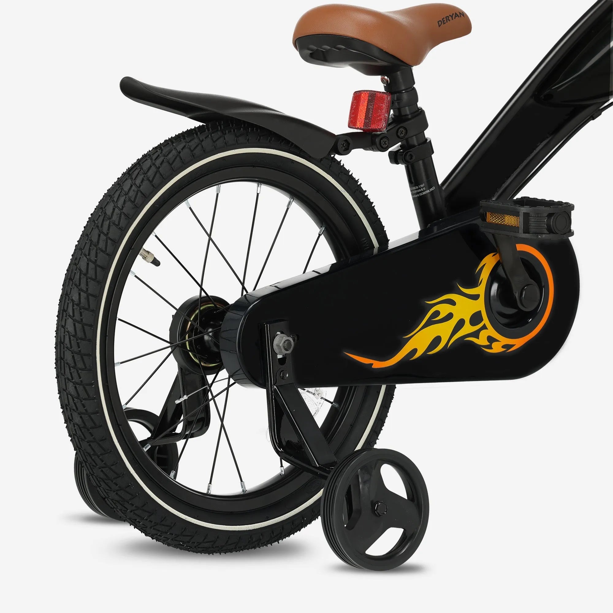 De DERYAN Turbo kinderfiets van zestien inch kan worden gebruikt als loopfiets, oefenfiets en kinderfiets. Het model heeft een verstelbaar stuur, een PU leren zadel, afneembare pedalen en een gesloten kettingkast. De fiets is bedoeld voor kinderen die leren fietsen.