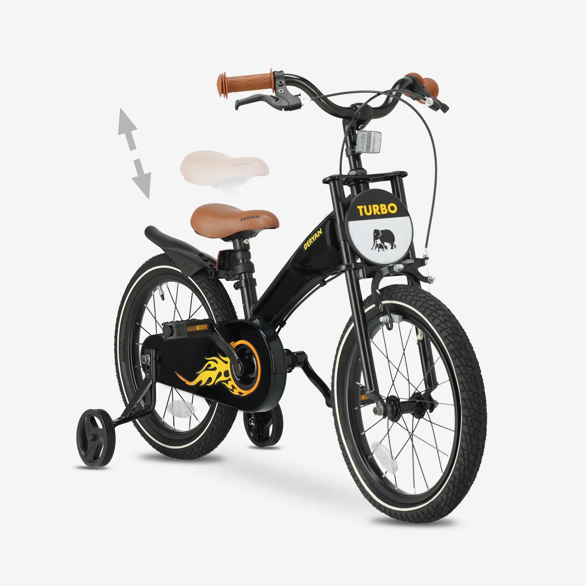 De DERYAN Turbo kinderfiets van zestien inch kan worden gebruikt als loopfiets, oefenfiets en kinderfiets. Het model heeft een verstelbaar stuur, een PU leren zadel, afneembare pedalen en een gesloten kettingkast. De fiets is bedoeld voor kinderen die leren fietsen.