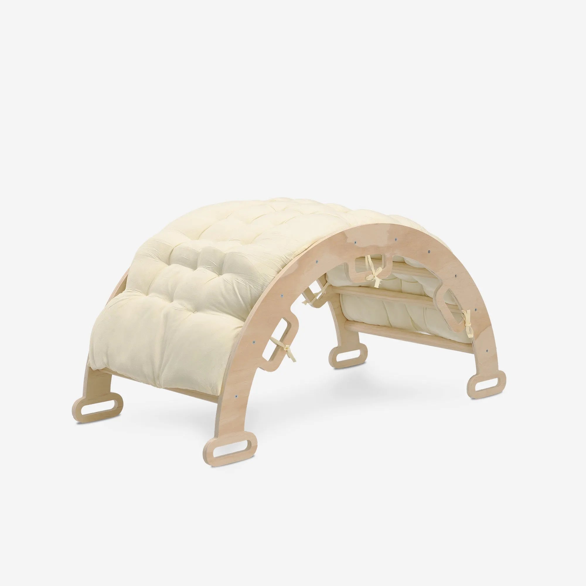 The DERYAN wooden climbing frame consists of a foldable triangle with a climbing arch, a ramp with slide, and a separate cushion. The climbing frame is made of wood and is intended for indoor use by young children during play and exercise.