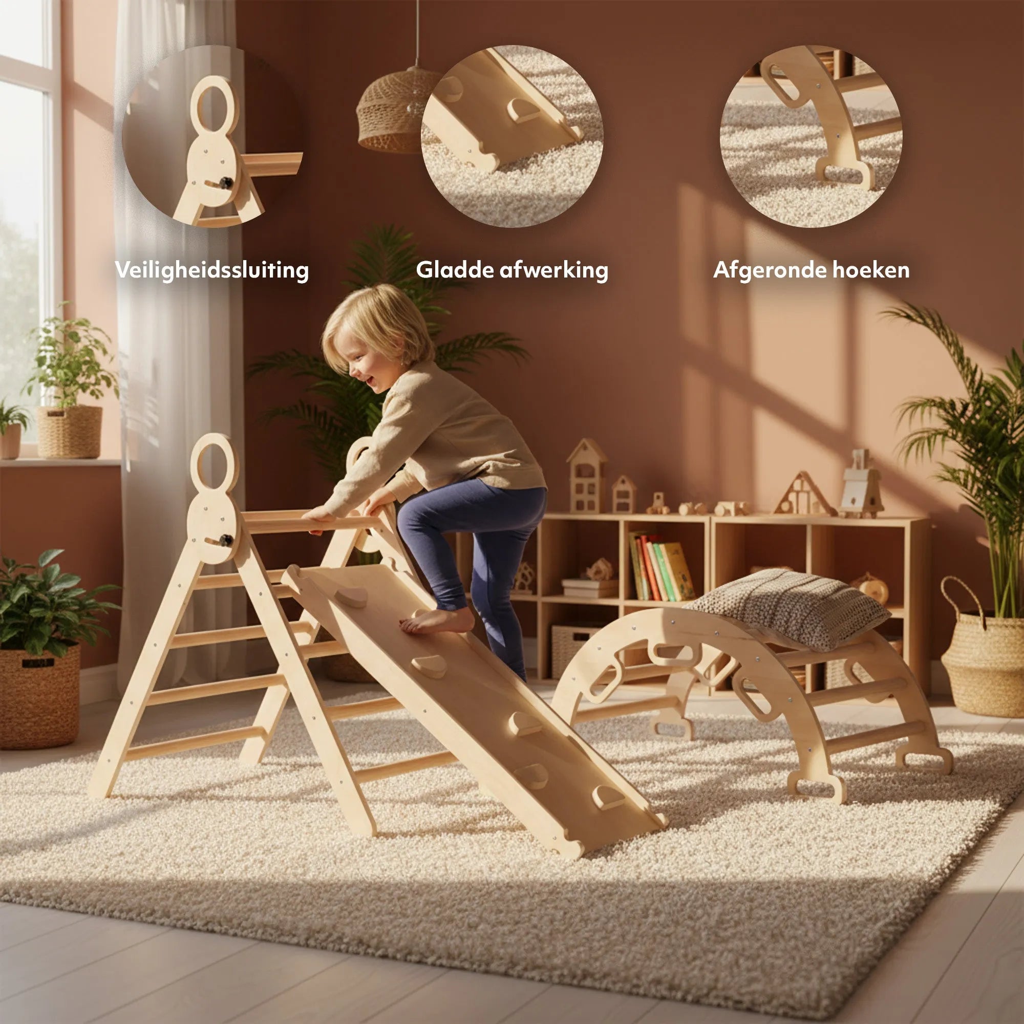 The DERYAN wooden climbing frame consists of a foldable triangle with a climbing arch, a ramp with slide, and a separate cushion. The climbing frame is made of wood and is intended for indoor use by young children during play and exercise.