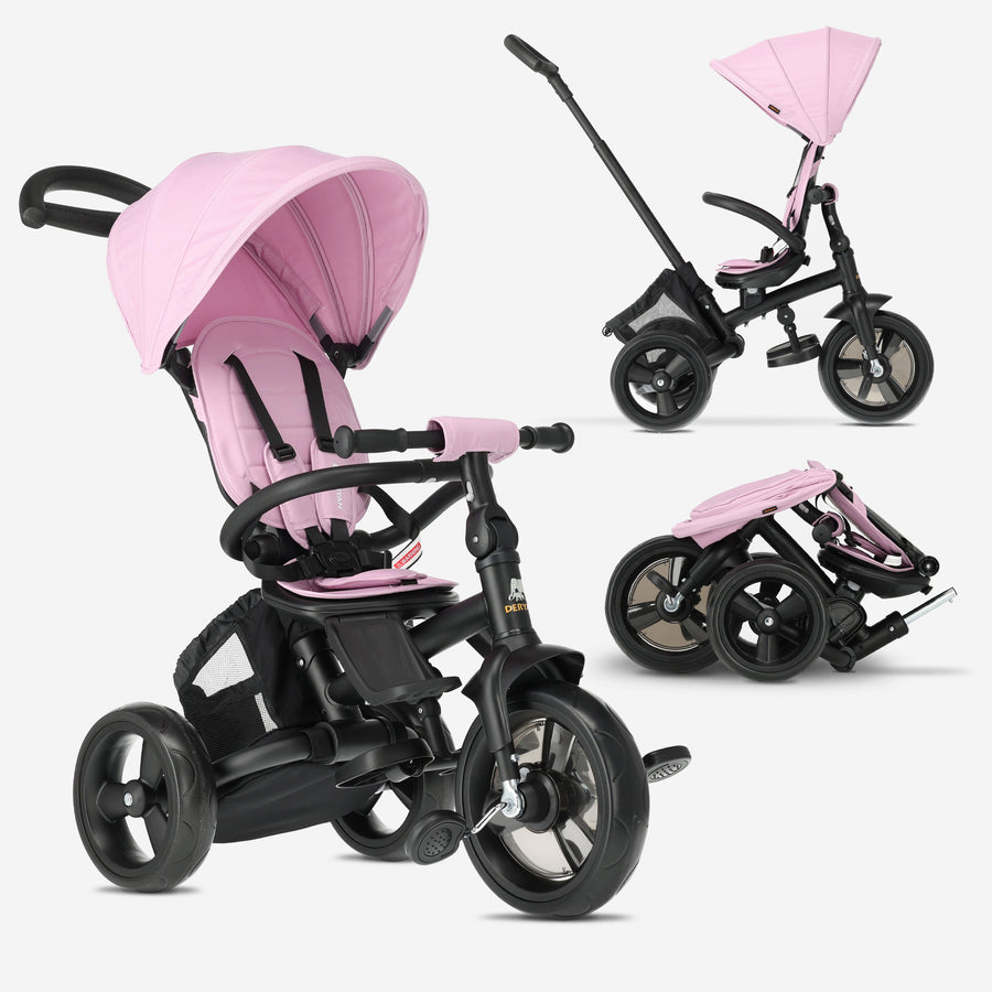 Triciclo Explorer Luxe con barra de empuje - Plegable con cesta rosa
