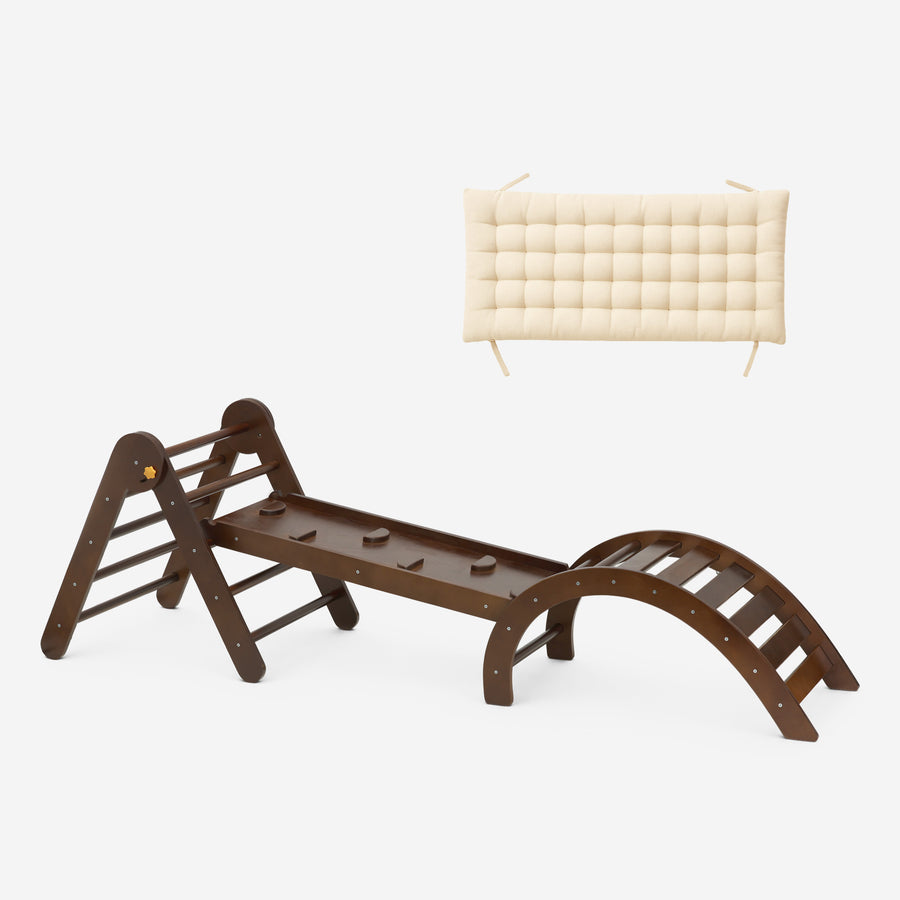 Luxury Climbing Frame - Triangle, Climbing Arch, and Slide - Includes Cushion - Warm Brown