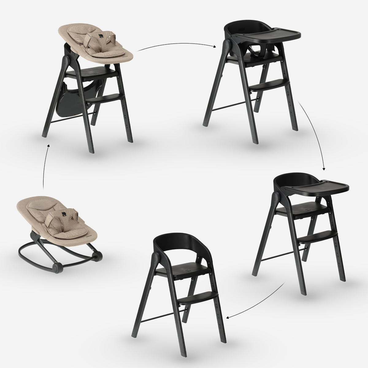 Deryan Luxury Convertible High Chair with Infant Seat and Bouncer, Black/Nougat Sand