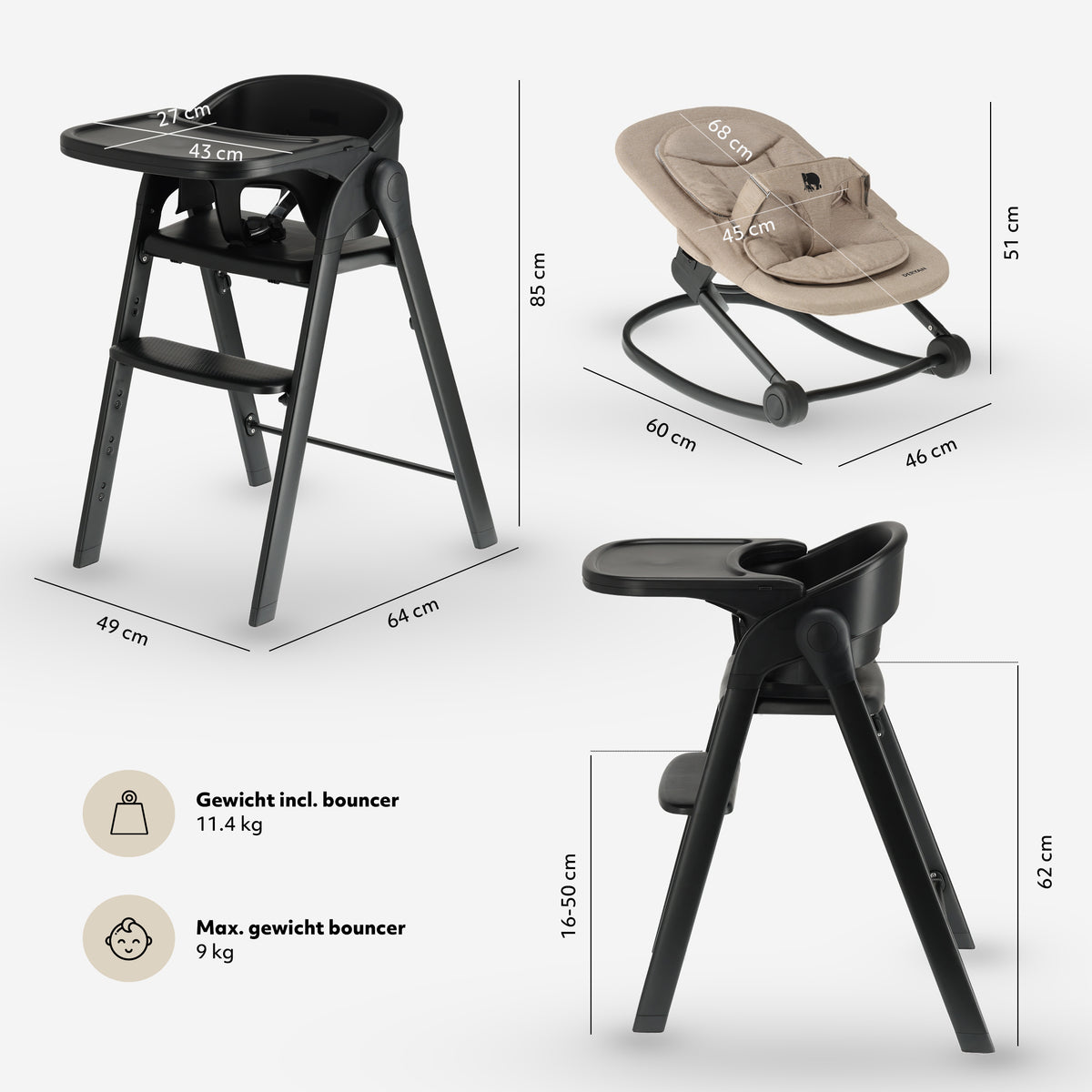 Deryan Luxury Convertible High Chair with Infant Seat and Bouncer, Black/Nougat Sand