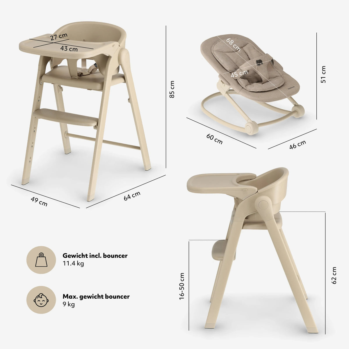 Luxe Meegroeistoel met Babyzitje en Wipstoel Cashmere Sand