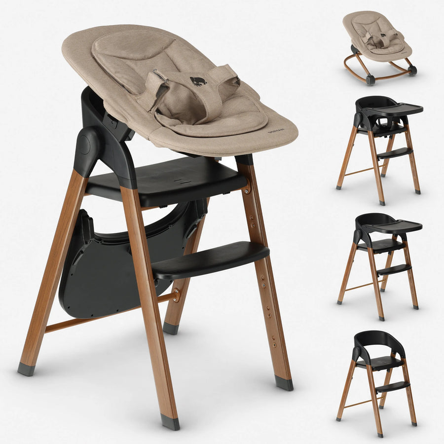 Luxury Convertible High Chair with Infant Seat and Bouncer—Black / Warm Brown Wood