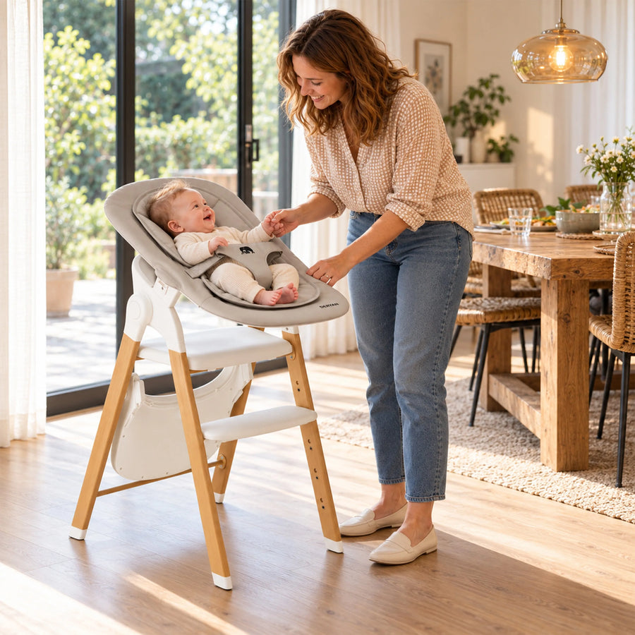 Luxury Convertible High Chair with Infant Seat and Bouncer—White / Wood