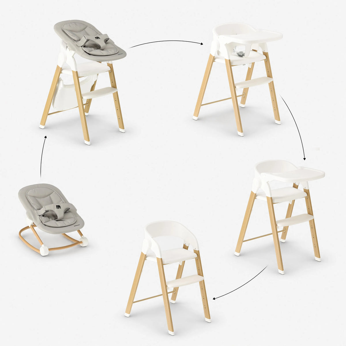 Luxuriöser Mitwachstumsstuhl mit Babysitz und Wippstuhl, Weiß / Holz