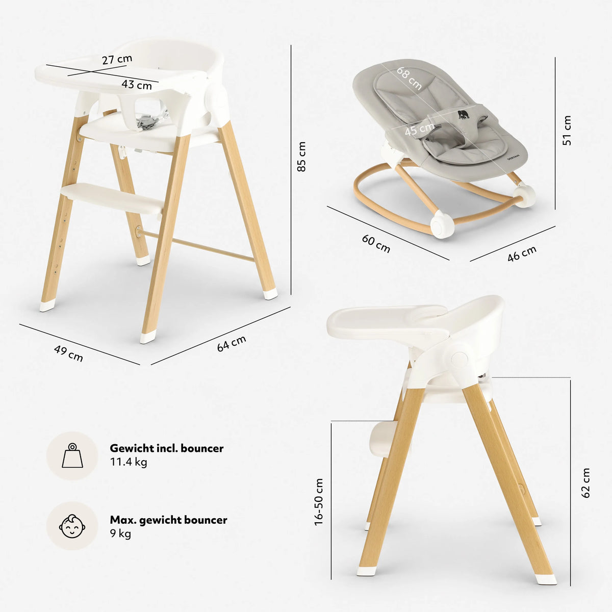 Luxuriöser Mitwachstumsstuhl mit Babysitz und Wippstuhl, Weiß / Holz