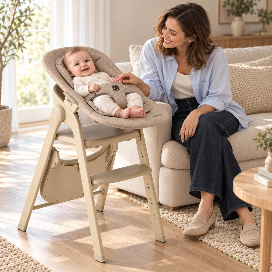 Luxury Convertible High Chair with Infant Seat and Bouncer in Cashmere Sand