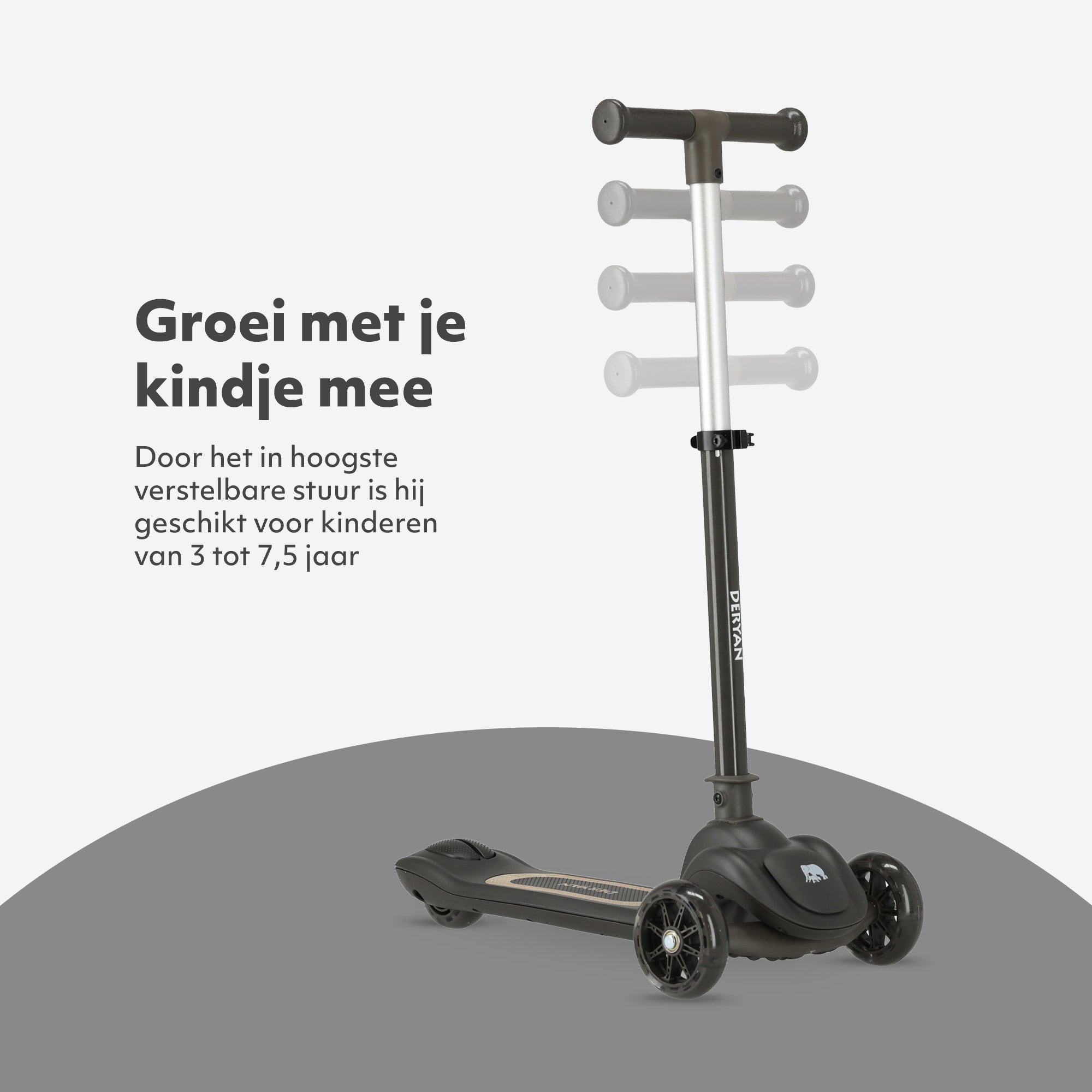 Harvey Kids scooter 3 wheels - age group 3+ - max 50kg - LED lights in the wheels - height adjustable 65-70-75-80 cm - Black