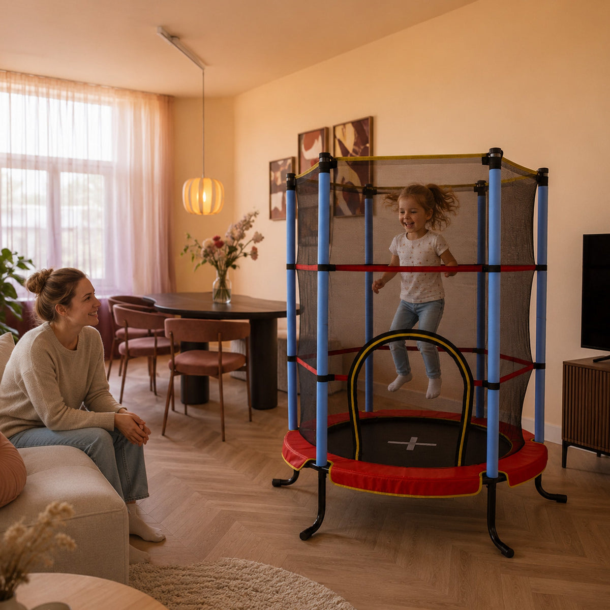 140 cm Indoor Kids' Trampoline - With Safety Net - Red