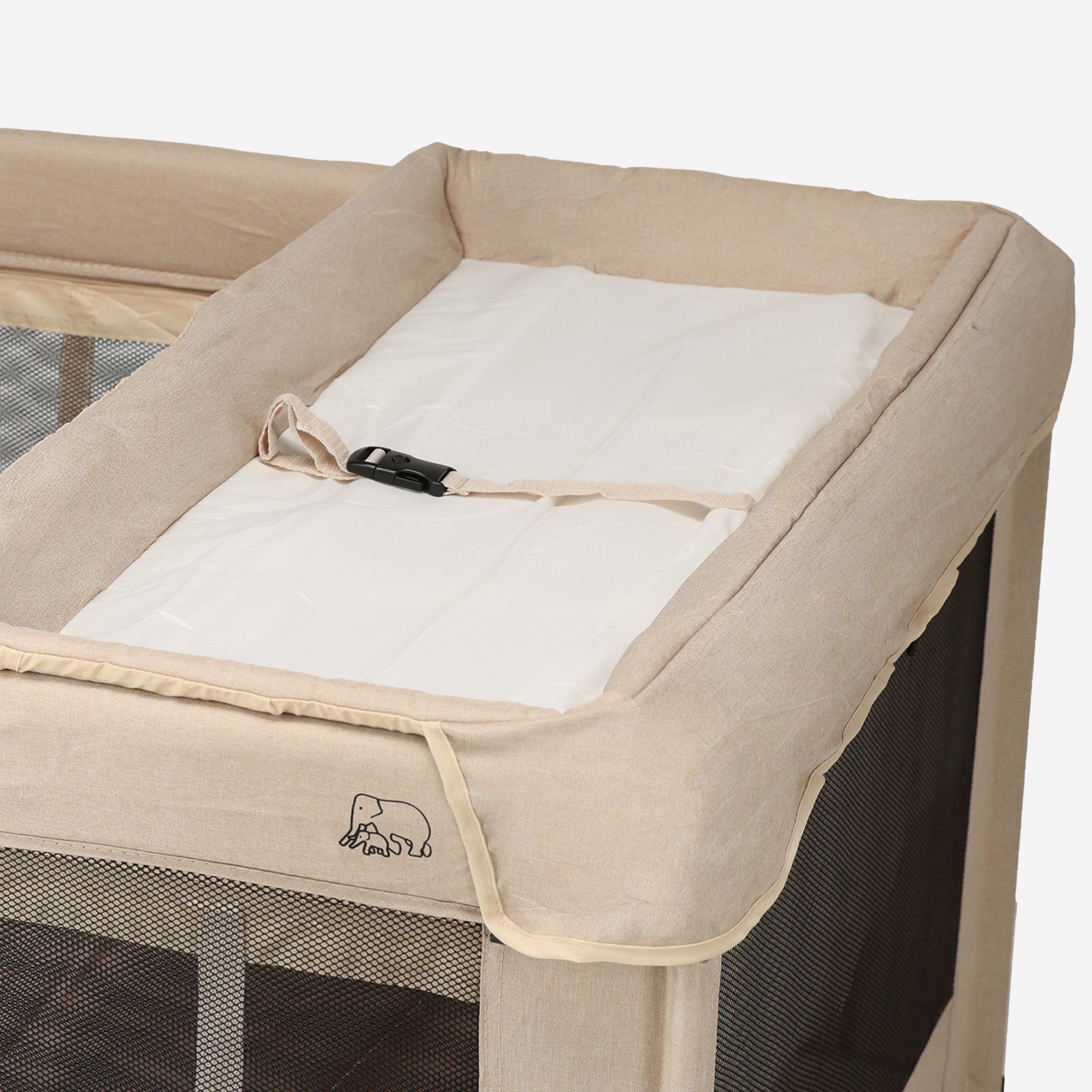Sammenklappelig legeboks 100 x 100 cm – med pusleplade – Nougat