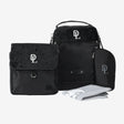 Three-piece diaper bag in black, with 3 compartments, compact and lightweight, featuring multiple pockets for bottles and diapers