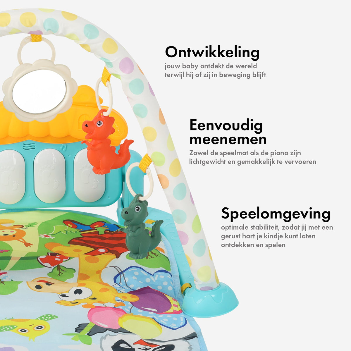 3-i-1 babygym – klaver-legetæppe til babyer – musik-legetæppe med rangle og spejl – blå