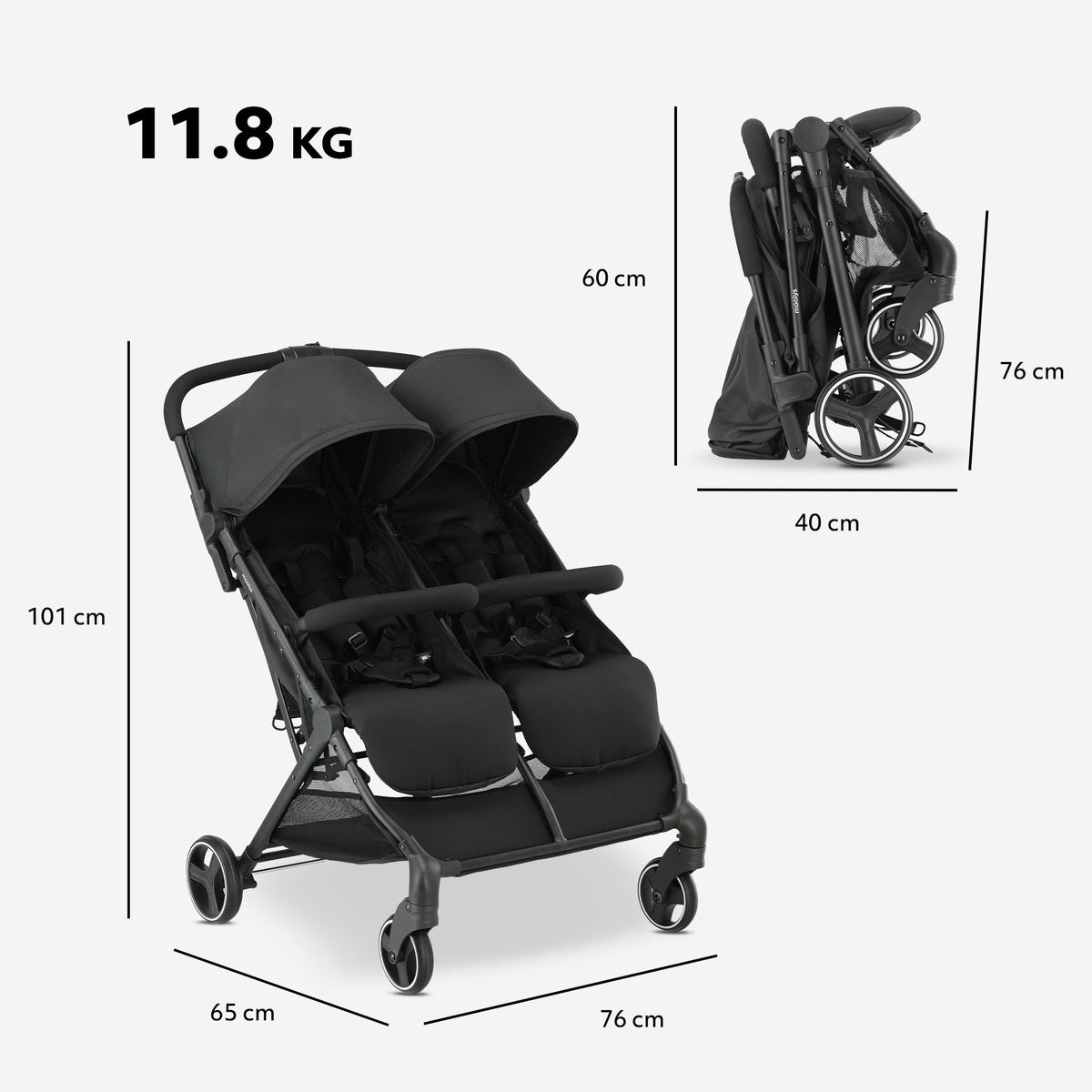 Mooiys Tess Twin Duo Stroller - Includes Rain Cover - Includes Carry Bag - Black