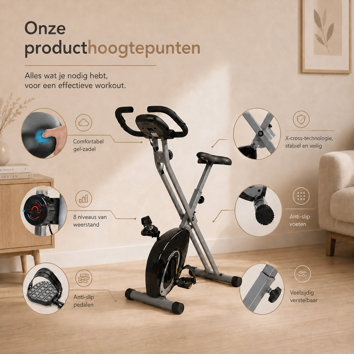Ultrasport F-Bike Folding Exercise Bike – 8 Resistance Levels – LCD Display – Heart Rate Monitoring – Black/Silver
