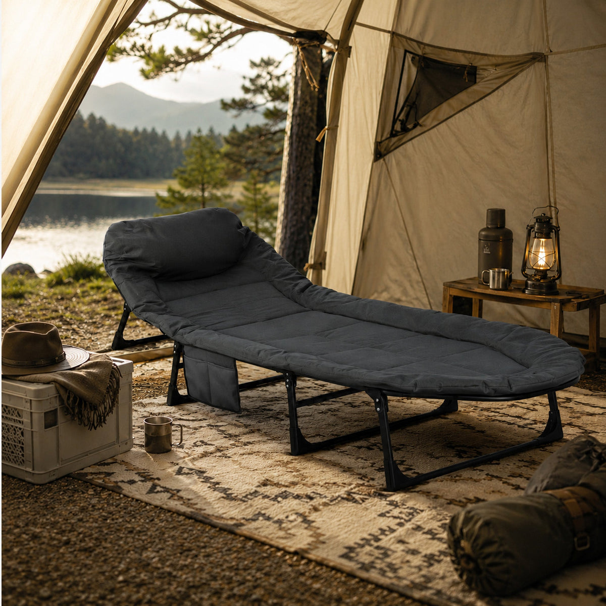 Mooiys Foldable Camp Bed – Camping Bed with Adjustable Backrest – Gray