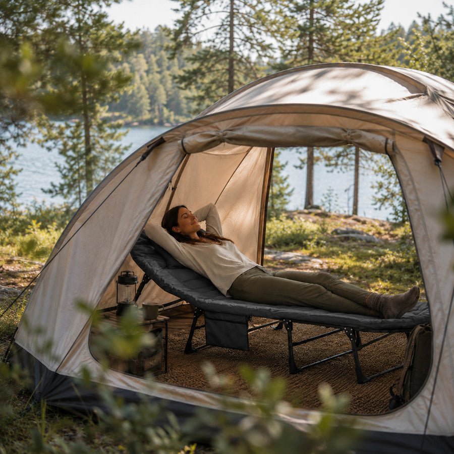 Mooiys Foldable Camp Bed – Camping Bed with Adjustable Backrest – Gray