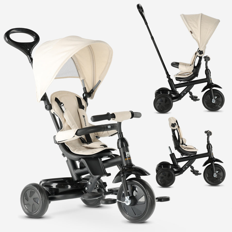 Triciclo Adventurer con barra de empuje, color crema