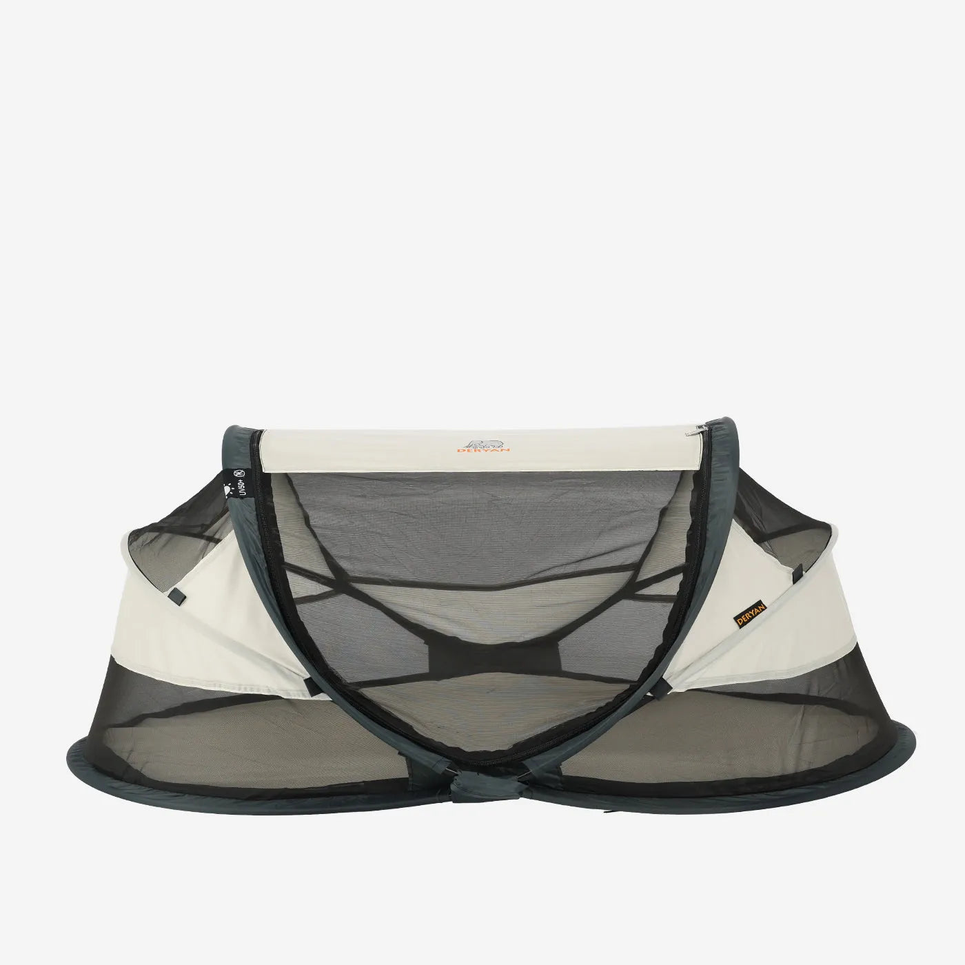 DERYAN Baby Luxe Cream - lightweight, compact baby travel cot under €100. Perfect replacement for the heavy camping cot. Thanks to the pop-up system, it stands up within 2 seconds. Equipped with 50% UV protection and integrated mosquito net, ideal for parents and travelers with young babies.