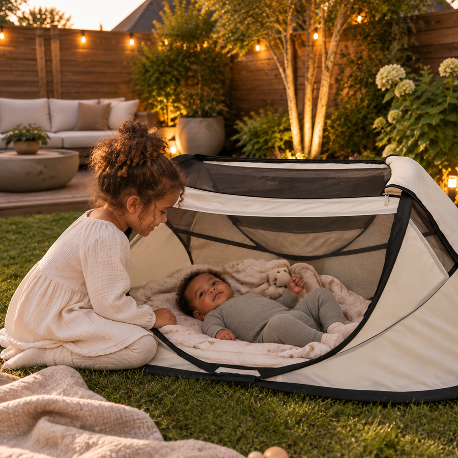 BabyBox Baby Tent Camping Crib + Cotton Blanket - Ivory