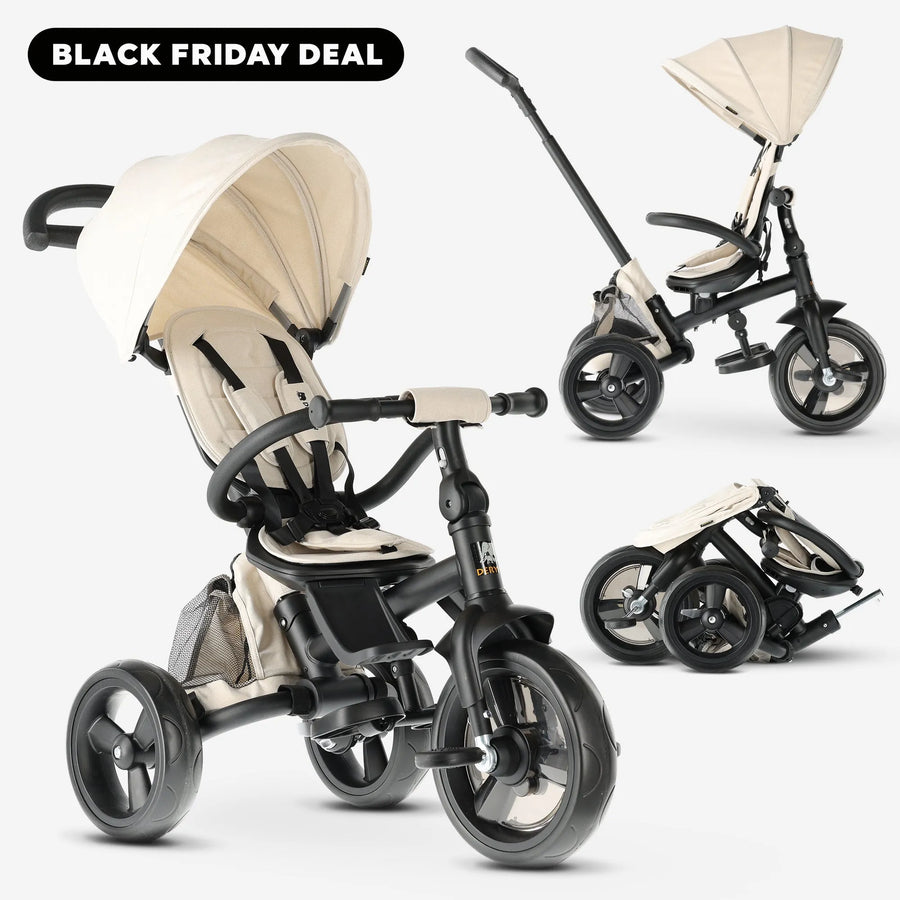 Explorer Luxe Trehjulet cykel med skubbestang - Sammenklappelig med kurv creme