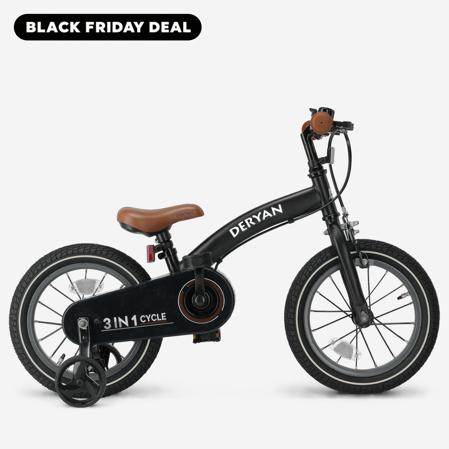 Luksus børnecykel 14 tommer - 3 i 1 - gåcykel Sort