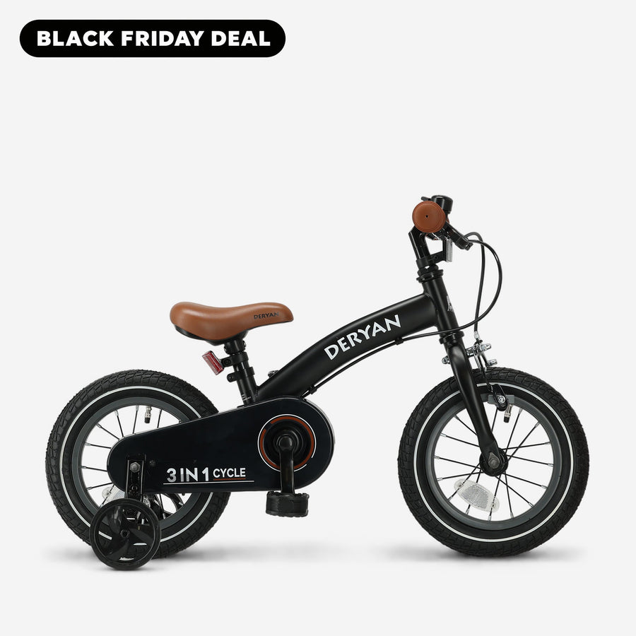 Luxe Kinderfiets 12 inch - 3 in 1 - loopfiets Zwart