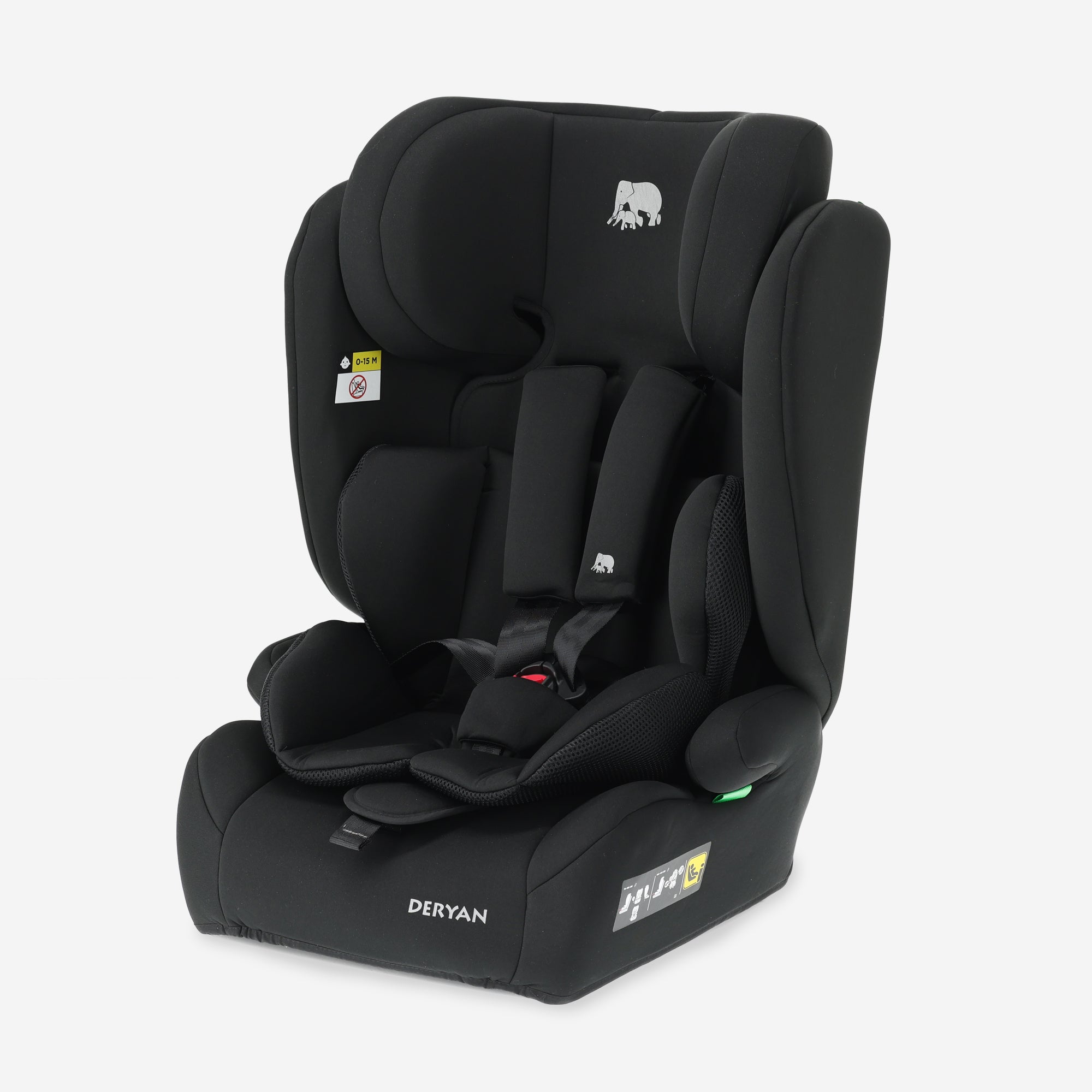DERYAN Carter Basic i-Size Autostoeltje Zwart – meegroeiend autostoeltje geschikt voor kinderen van 76–150 cm (15 maanden tot 12 jaar). i-Size gecertificeerd (R129) en voorzien van diepe, comfortabele zitting, zachte bekleding en geavanceerde veiligheidssystemen voor optimale bescherming.