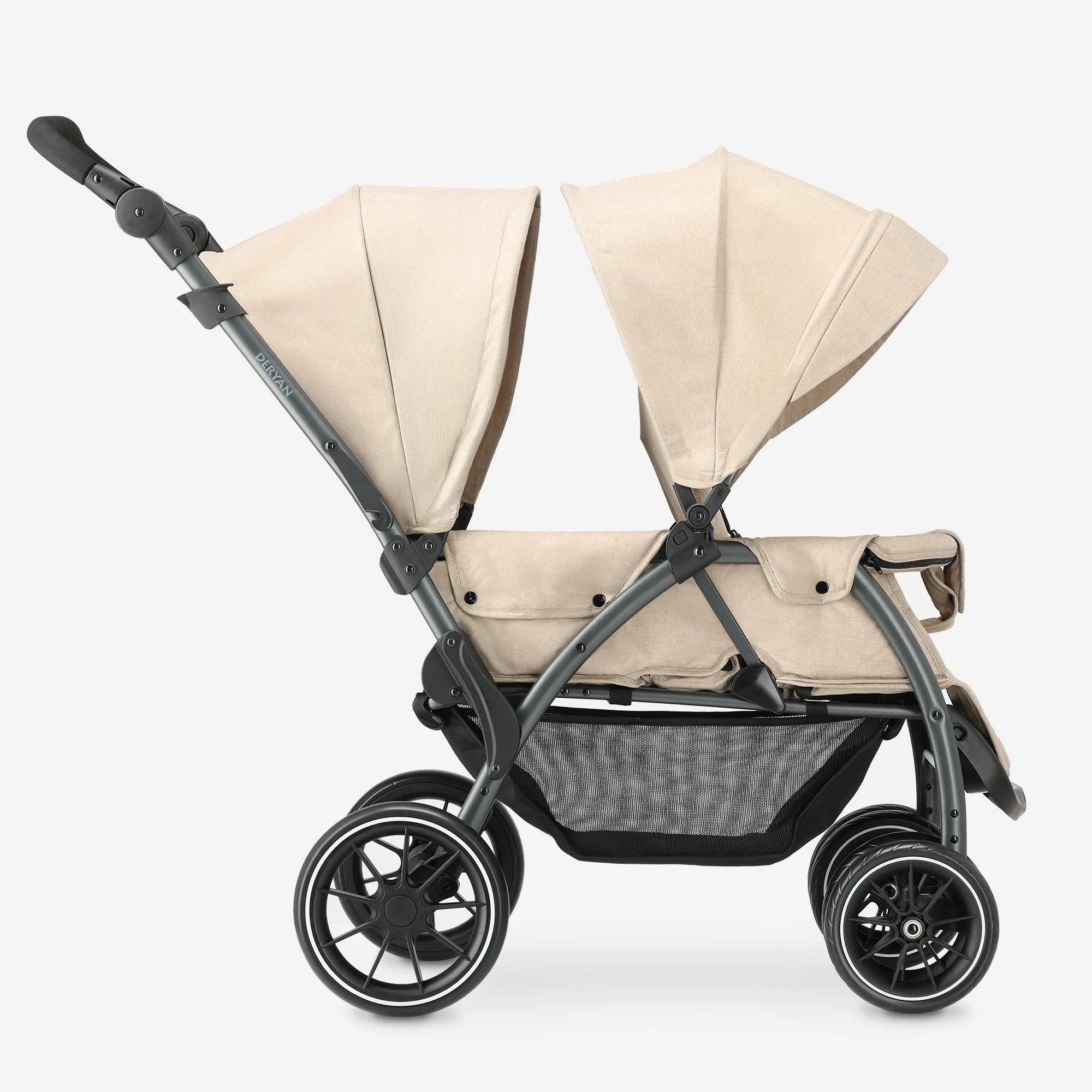 DERYAN Elena Duobuggy Nougat – stijlvolle, lichtgewicht duo buggy voor twee kinderen. Eenvoudig met één hand inklapbaar en voorzien van verstelbare zitjes, voetensteun en SPF50+ zonnekap. Met veilige 5-puntsgordel en compact design ideaal voor ouders die kwaliteit en comfort zoeken.