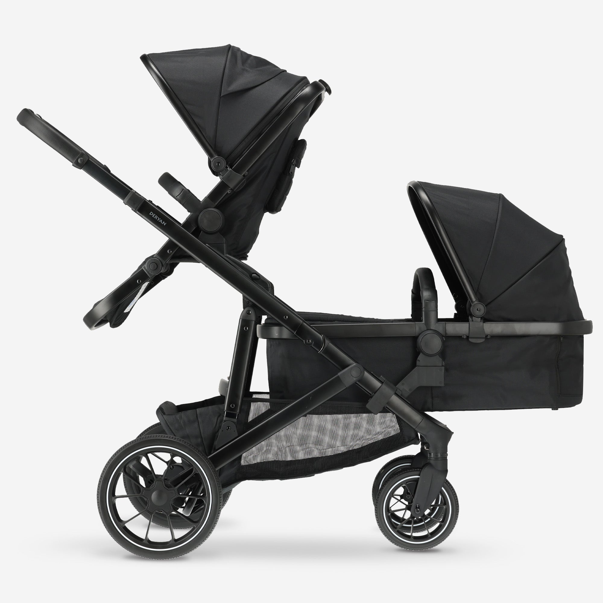DERYAN EVY V2 Duo Kinderwagen Zwart – luxe 2-in-1 kinderwagen die met je gezin meegroeit. Met verstelbare zitjes, voetensteun en SPF50+ zonnekap biedt hij optimaal comfort. Dankzij het inklapsysteem met één hand, stevige vering en veiligheidsharnas ideaal voor dagelijks gebruik en reizen.