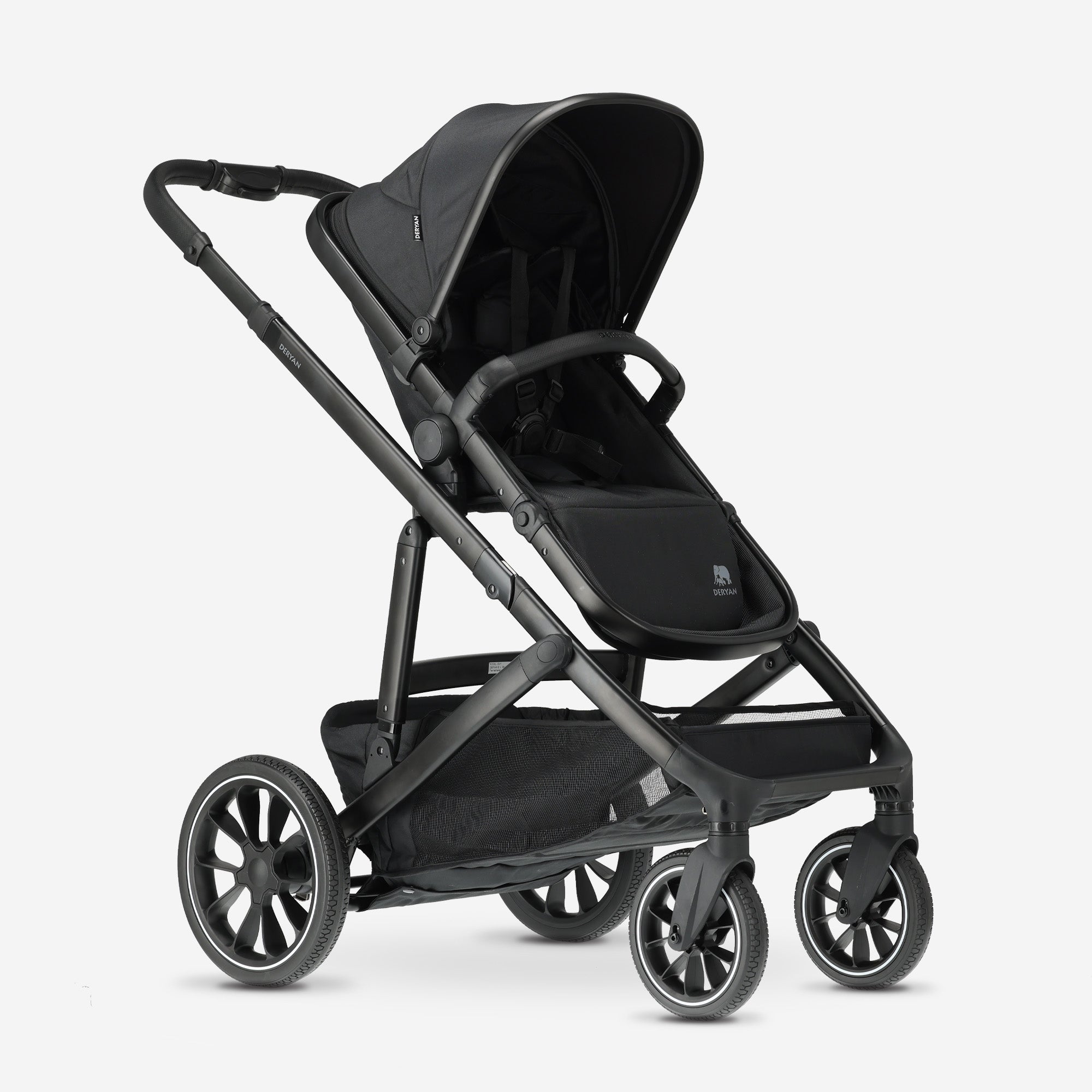 DERYAN EVY V2 Duo Kinderwagen Zwart – luxe 2-in-1 kinderwagen die met je gezin meegroeit. Met verstelbare zitjes, voetensteun en SPF50+ zonnekap biedt hij optimaal comfort. Dankzij het inklapsysteem met één hand, stevige vering en veiligheidsharnas ideaal voor dagelijks gebruik en reizen.