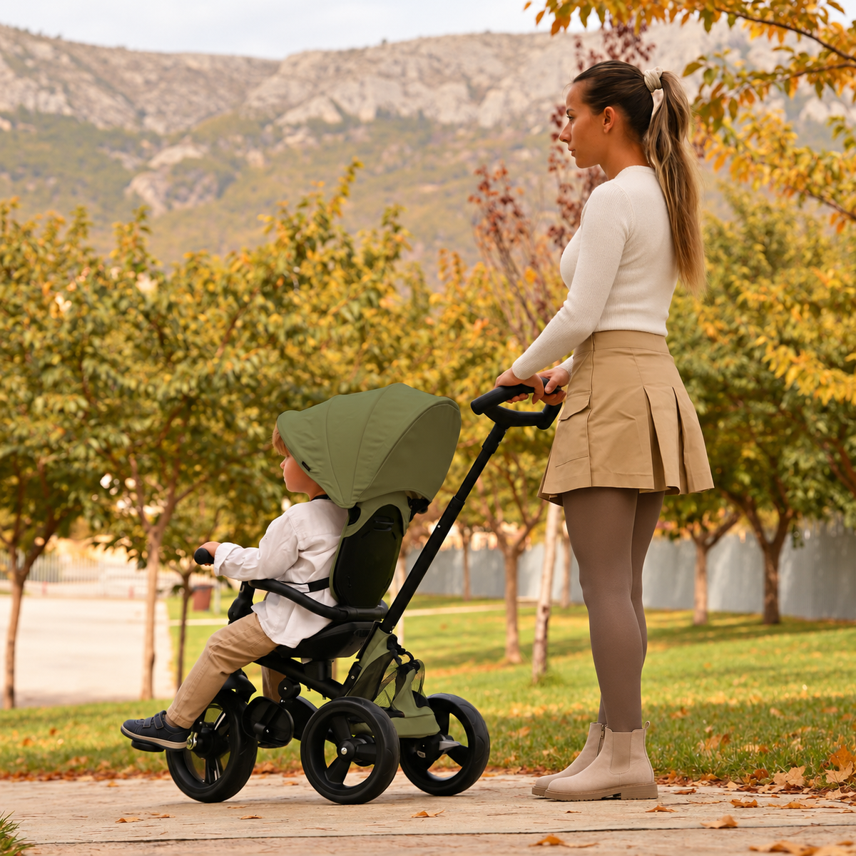 Explorer Luxury Tricycle, Green, with Push Bar and Front Basket, for ages 10–36 months