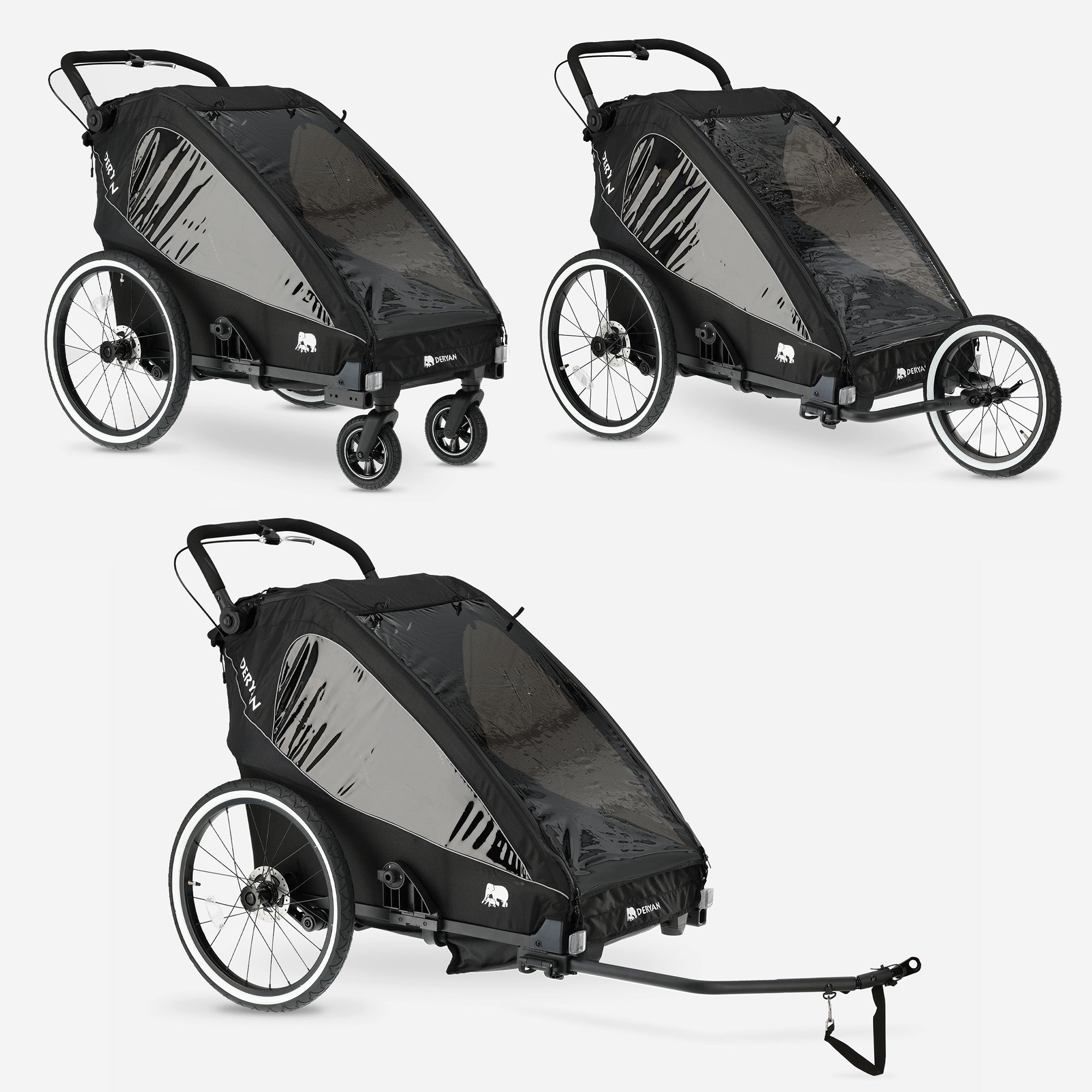 DERYAN Fietskar V2 – Wandelwagen – Hardloopkinderwagen Zwart: een sportieve 3-in-1 kinderwagen voor actieve ouders. Uitgerust met verstelbaar stuur, luchtbanden en comfortabel PU-zadel. Veilige stuurbegrenzer en gesloten kettingkast voor maximale stabiliteit tijdens elke rit.