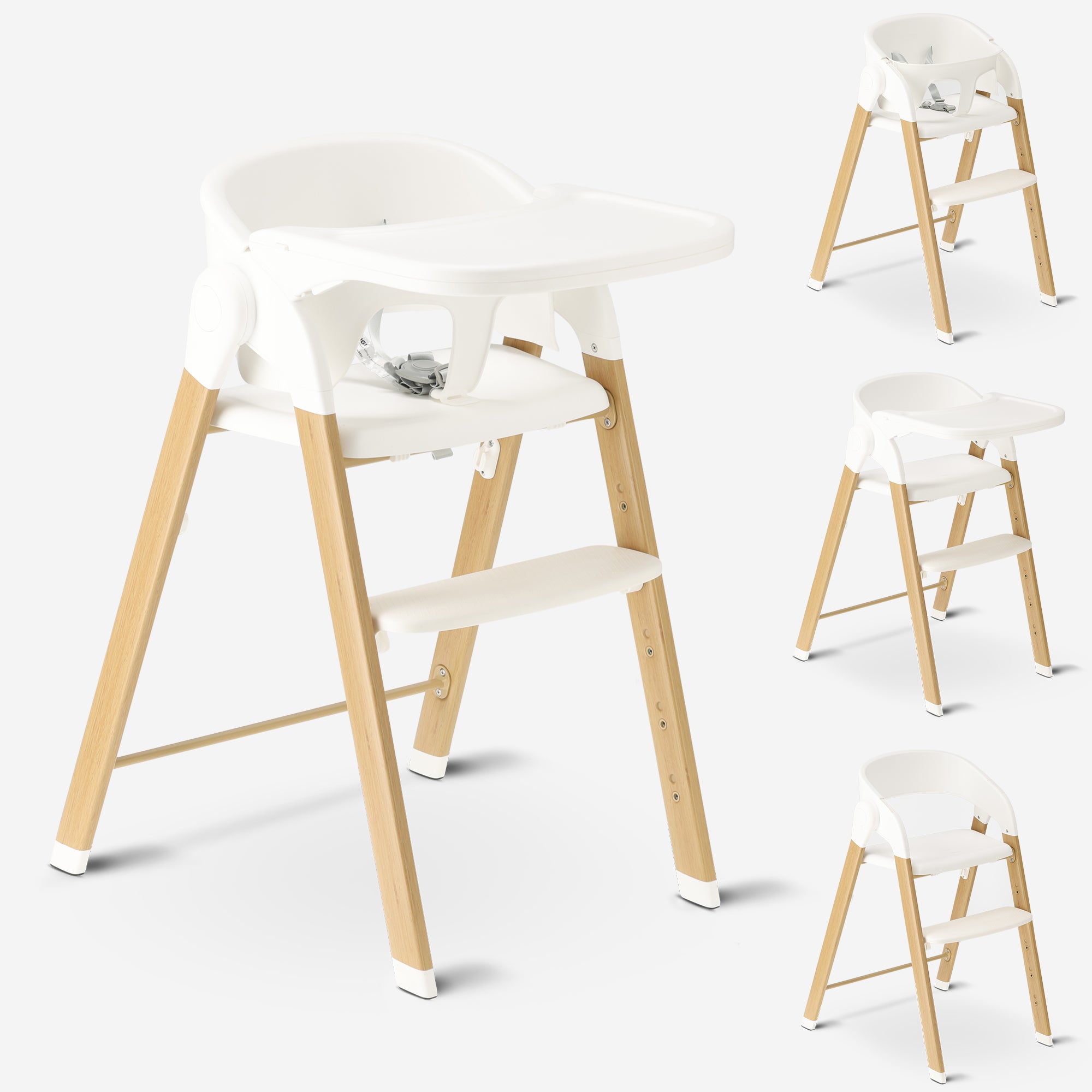 DERYAN Luxe Kinderstoel Wit/Hout – stijlvolle meegroeistoel met afneembaar eetblad en ergonomisch verstelbaar ontwerp. Comfortabel voor elke leeftijd en eenvoudig op te bergen dankzij het compacte design. Duurzame houten afwerking, ideaal voor moderne gezinnen die flexibiliteit zoeken.