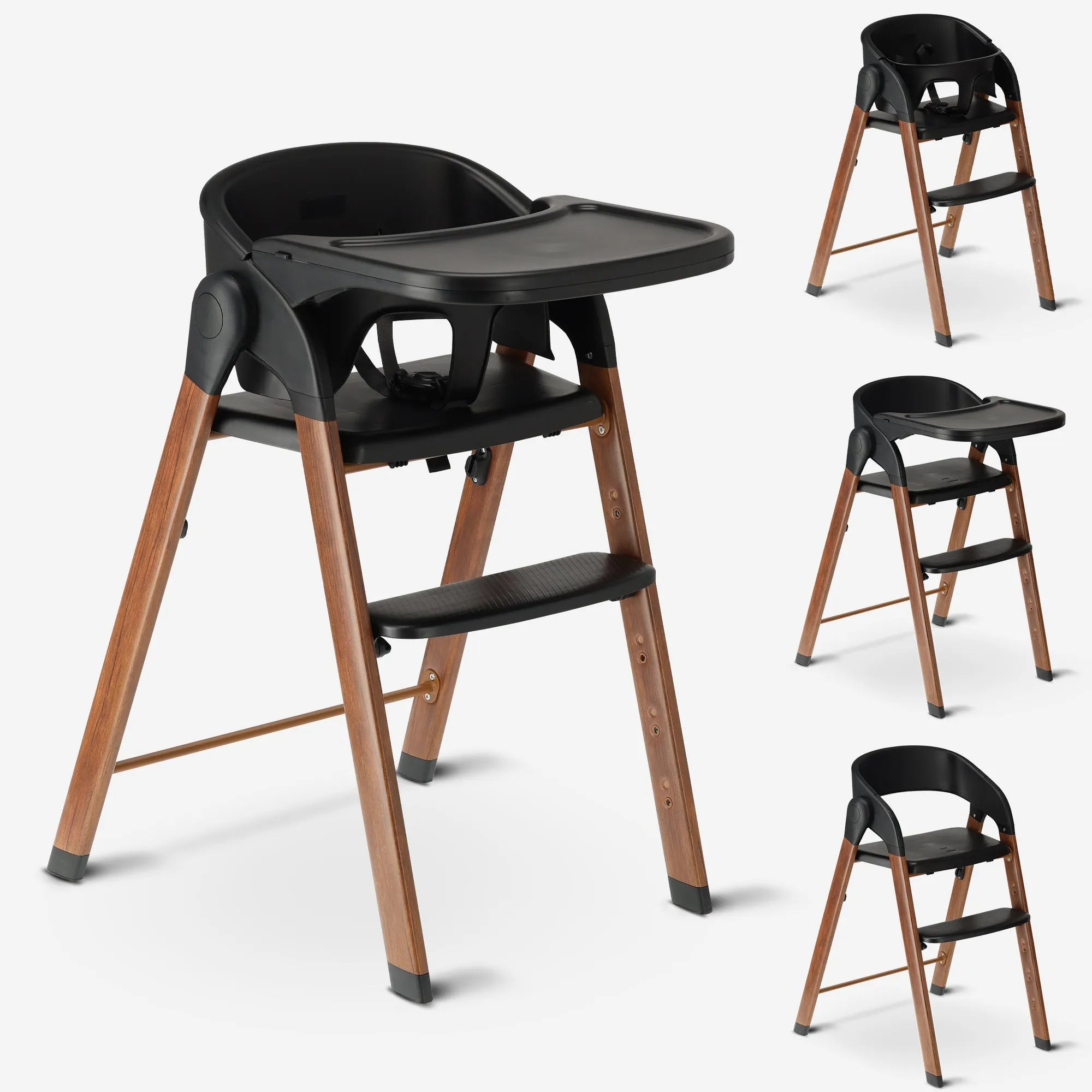 DERYAN Luxe Kinderstoel Zwart/Hout – moderne meegroeistoel met afneembaar eetblad en ergonomisch verstelbaar ontwerp. Comfortabel van baby tot peuter en eenvoudig op te bergen dankzij het compacte design. Duurzame houten afwerking, ideaal voor gezinnen die stijl en functionaliteit zoeken.