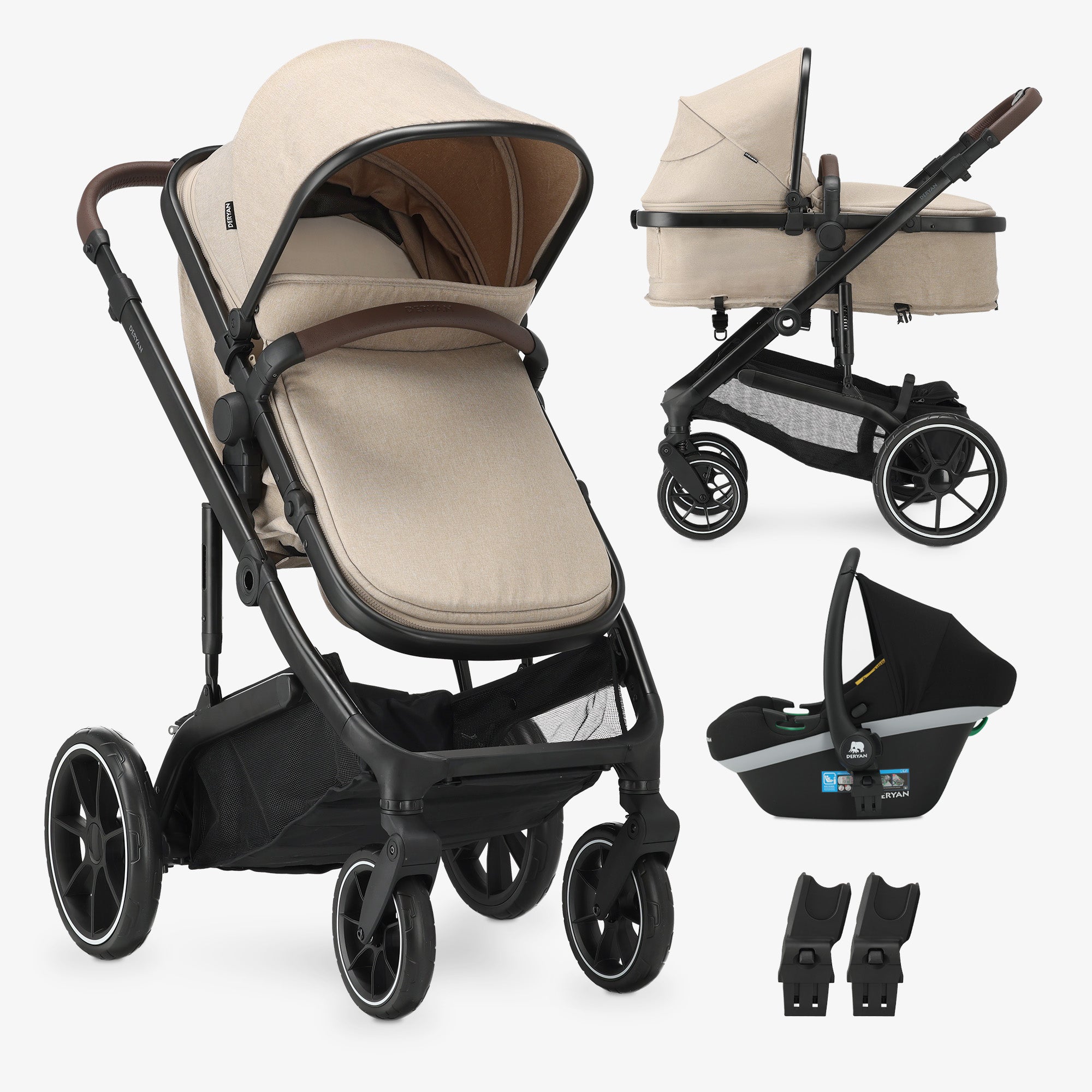 DERYAN Noa 3-in-1 Kinderwagen Nougat – stijlvolle en complete kinderwagen met reiswieg, autostoel en adapters. Compact opvouwbaar en voorzien van bekerhouder. Geschikt van baby tot peuter. Combineert luxe design met comfort en gebruiksgemak voor elke ouder.