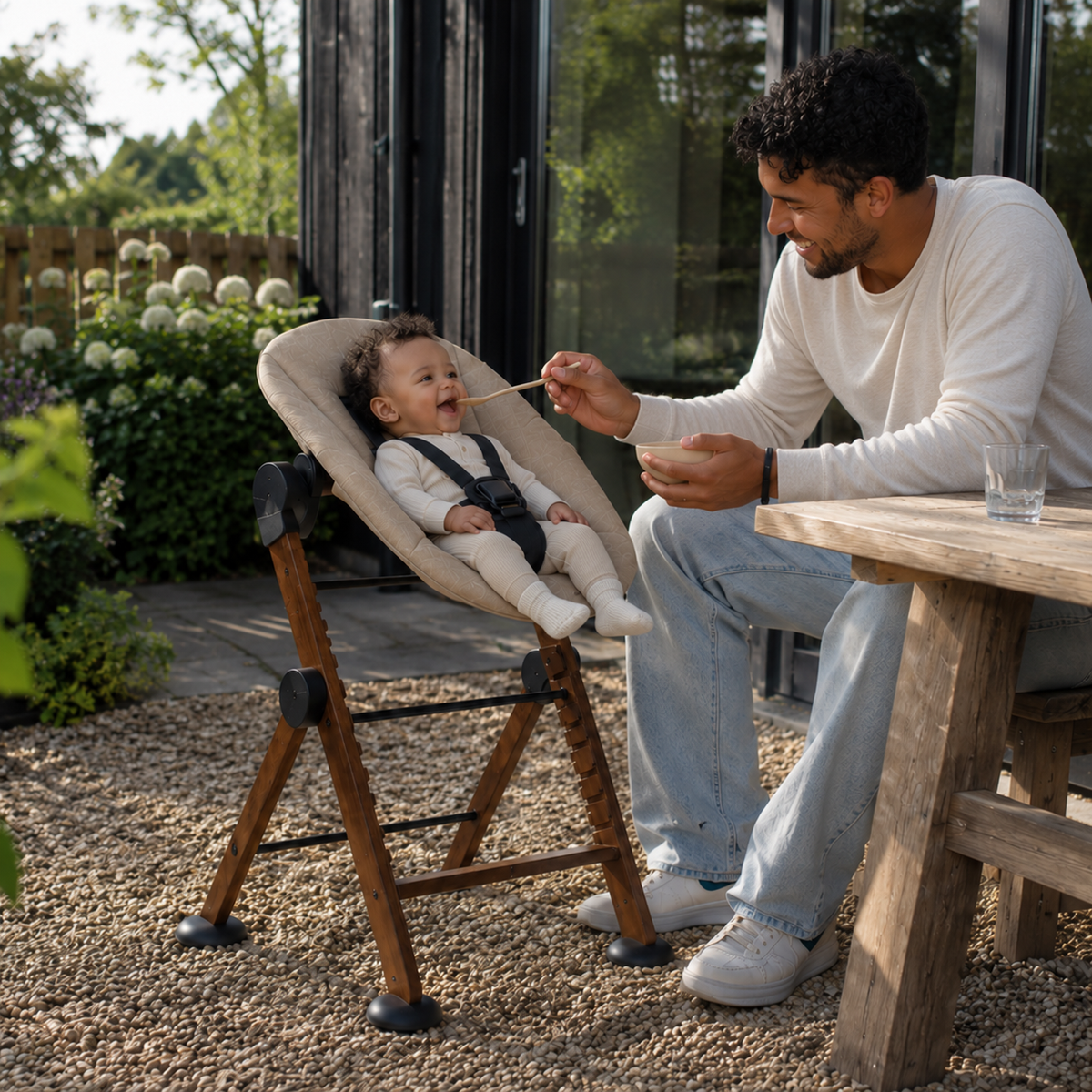 Odin Wooden Adjustable High Chair with Bouncer in Warm Brown Nougat