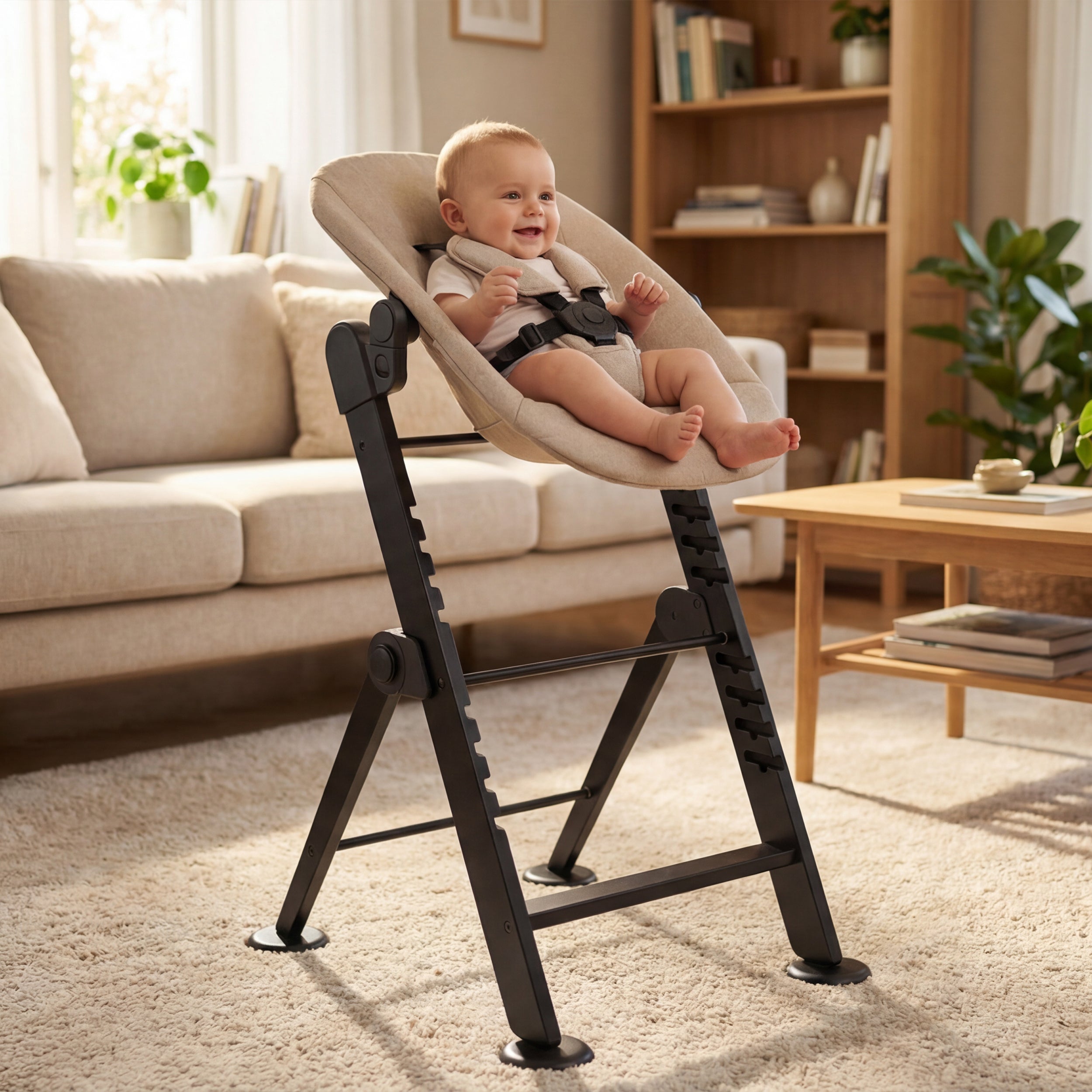 Odin Luxury Wooden Growing Chair High Chair with Bouncer - Includes Dining Tray - Adjustable High Chair - Nougat