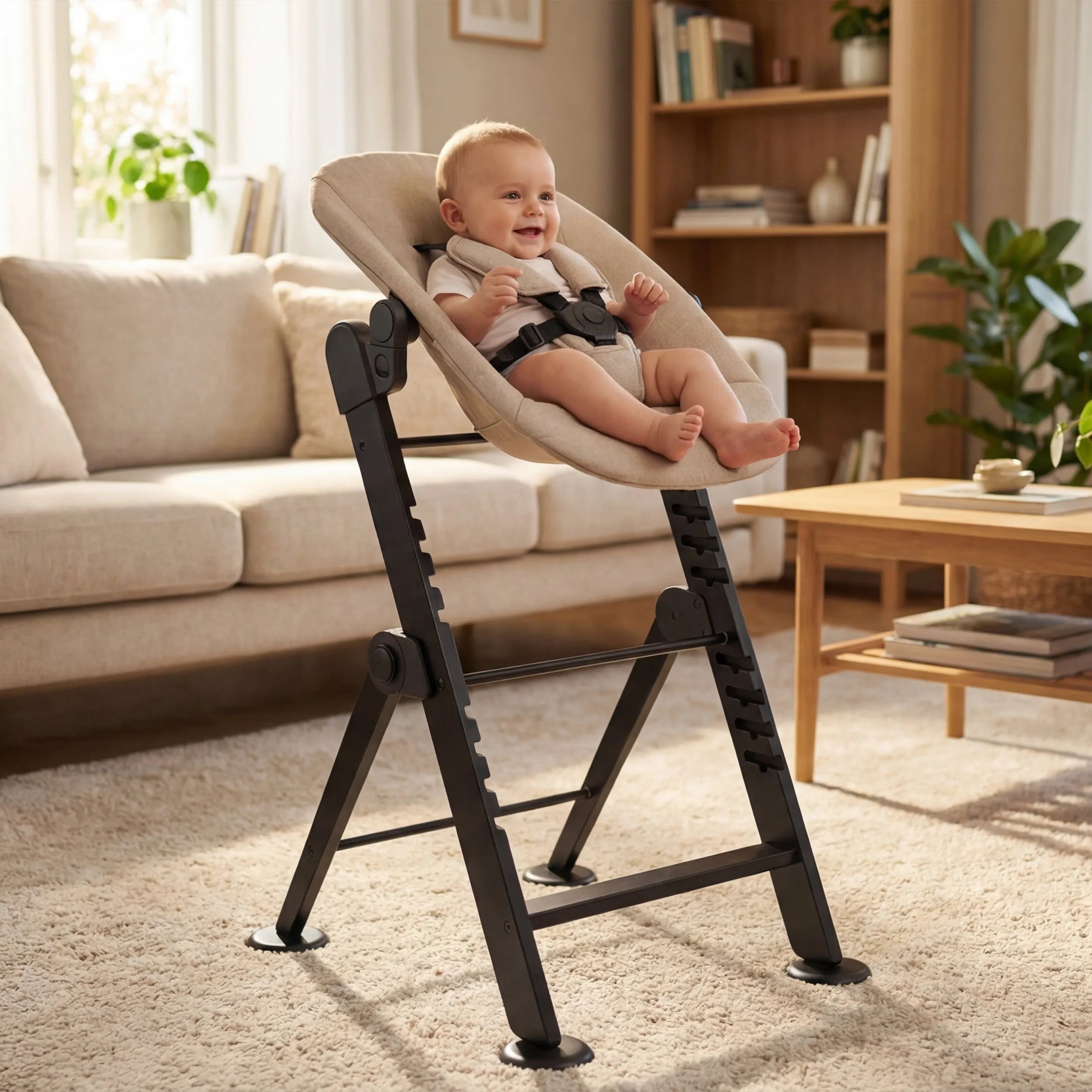 Odin Luxury Wooden Growing Chair High Chair with Bouncer - Includes Dining Tray - Adjustable High Chair - Nougat