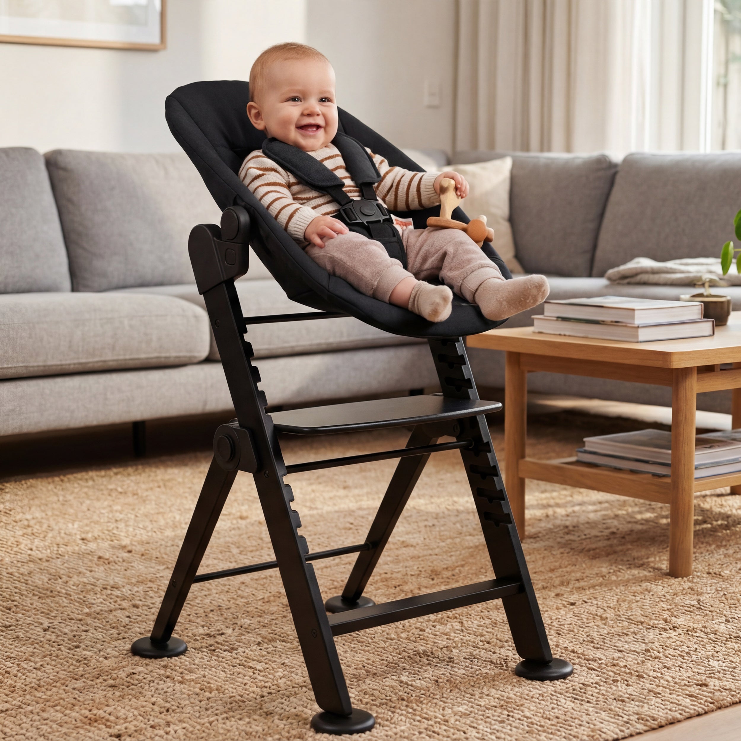 Odin Luxury Wooden Growing Chair High Chair with Bouncer - Includes Dining Tray - Adjustable High Chair - Black