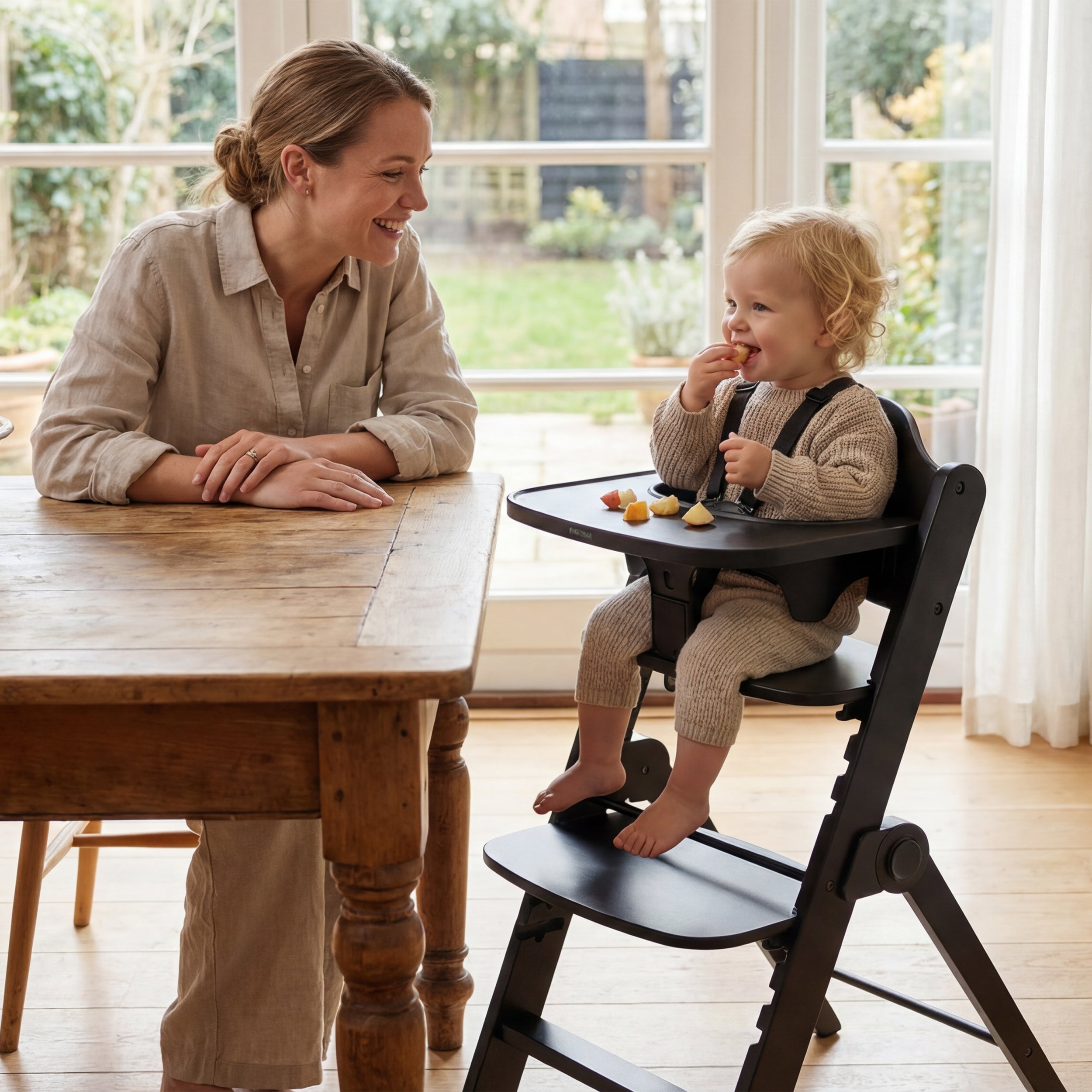 Odin Luxury Wooden Growing Chair High Chair with Bouncer - Includes Dining Tray - Adjustable High Chair - Black