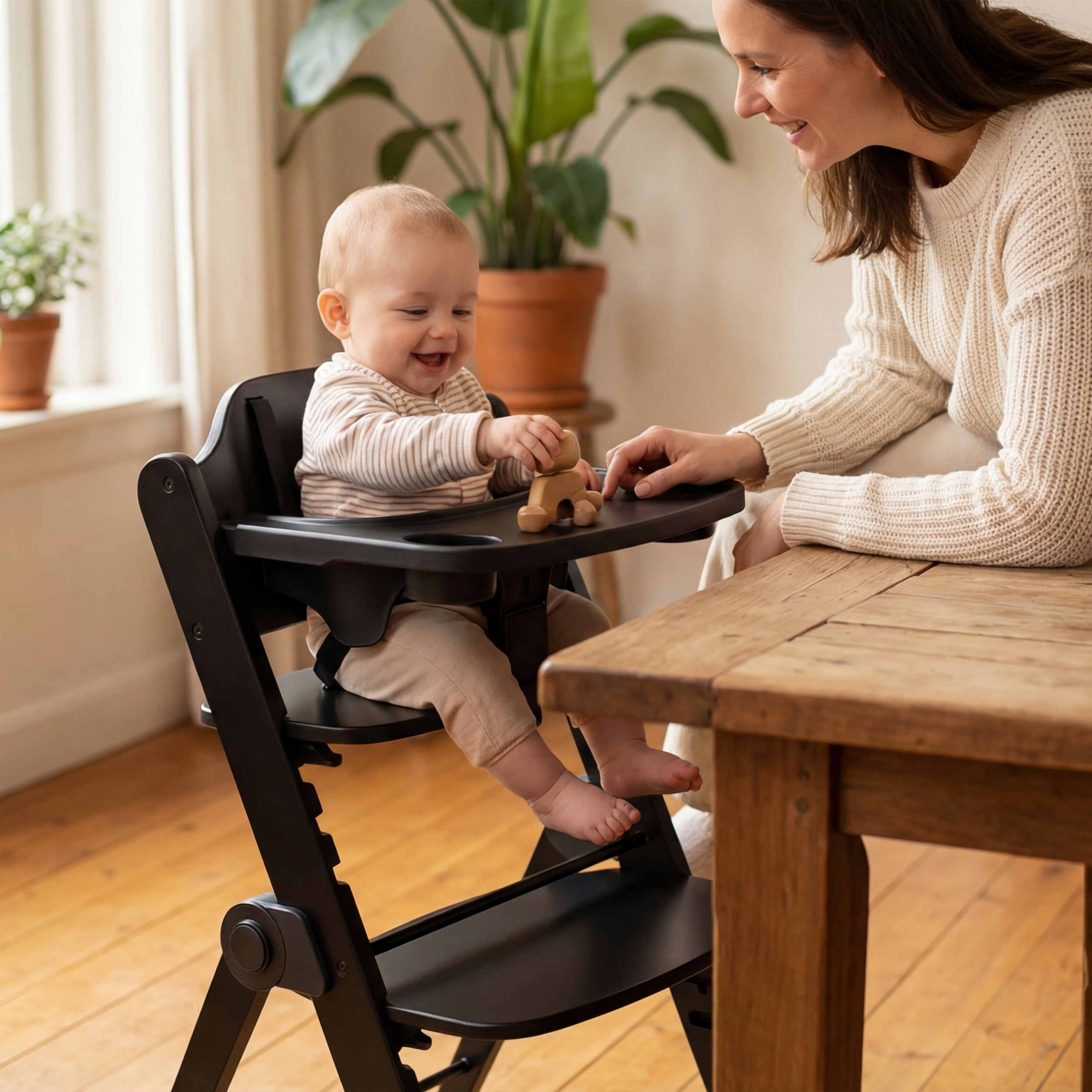 Odin Luxury Wooden Growing Chair High Chair with Bouncer - Includes Dining Tray - Adjustable High Chair - Nougat