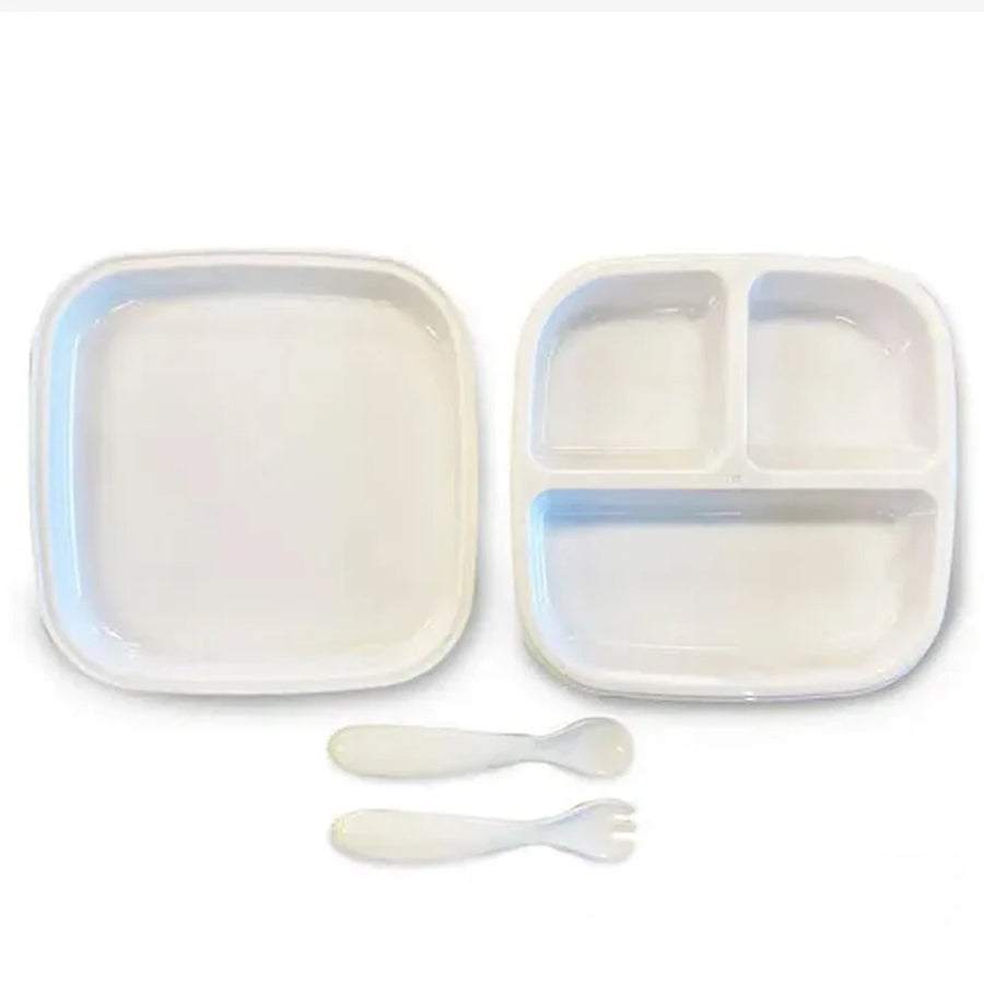 Set Piatto in silicone con cucchiaini - Piatto per neonati - set di stoviglie per bambini bianco